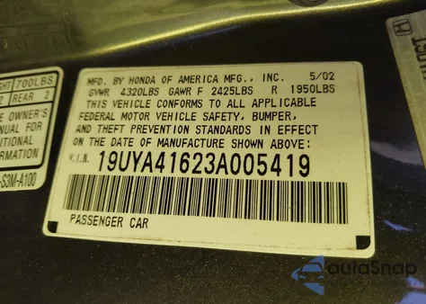 2003 Acura Cl 3.2 Type S Manual from USA, damaged, VIN 19UYA41623A005419